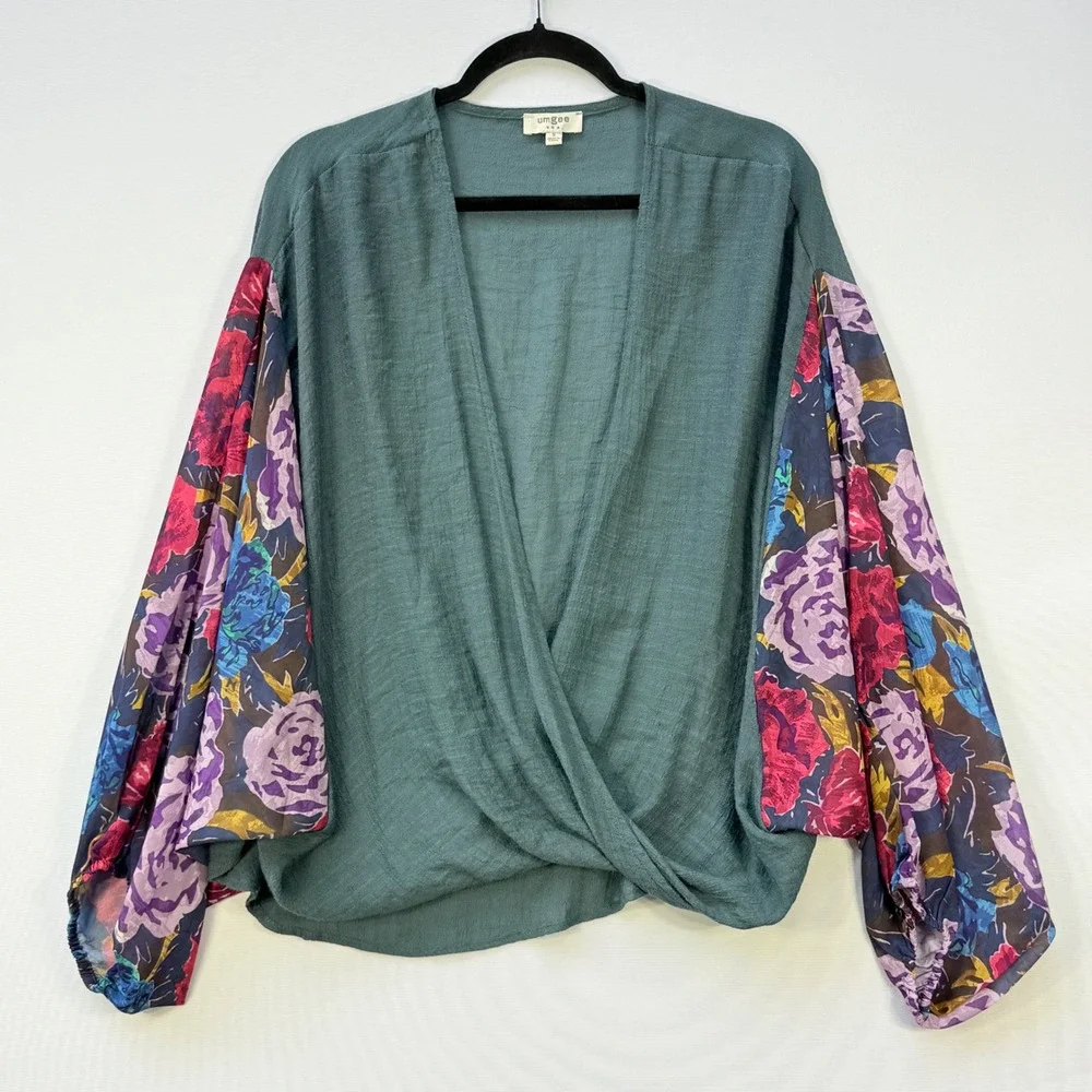 Umgee Blouse Womens Small Teal Green Floral Loose Boho‎ Festival Top Flowy Artsy